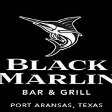 A black and white logo for the black marlin bar & grill.