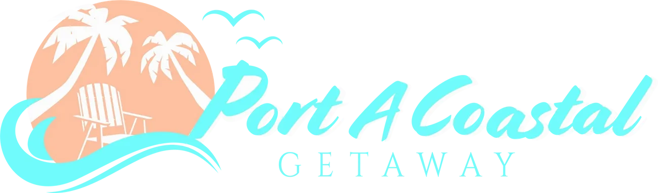 A green background with the words port acres getaways written in blue.