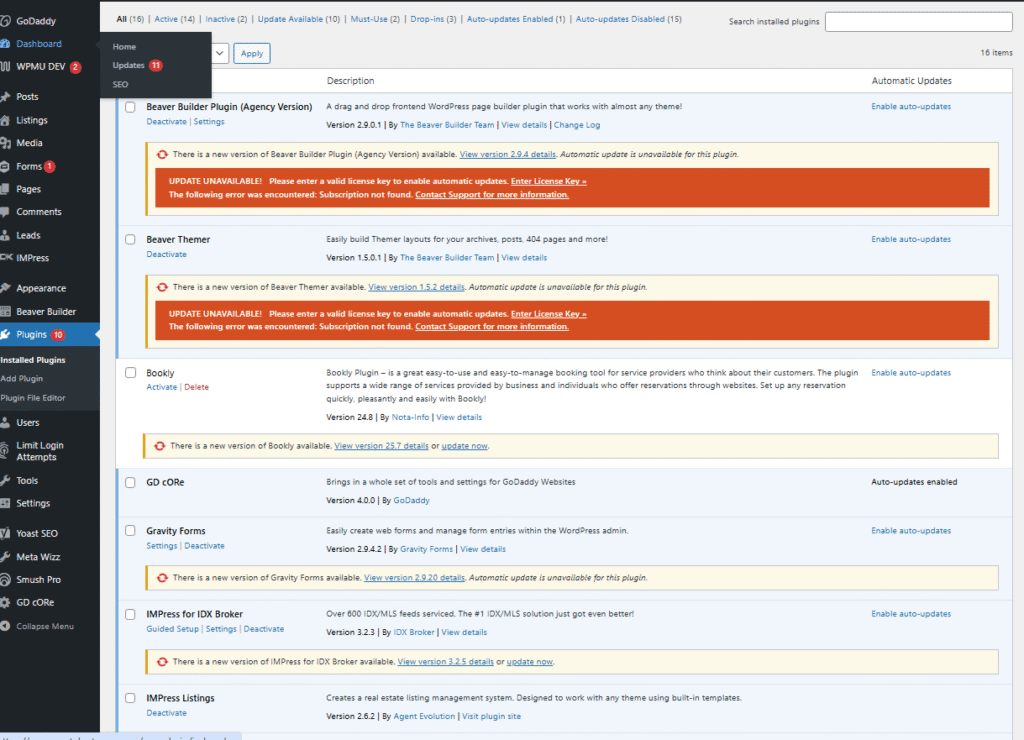 WordPress plugins admin page with update notices